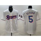 Texas Rangers #5 Corey Seager White AmberGomez 2023 World Series Champions Cool Base Jersey
