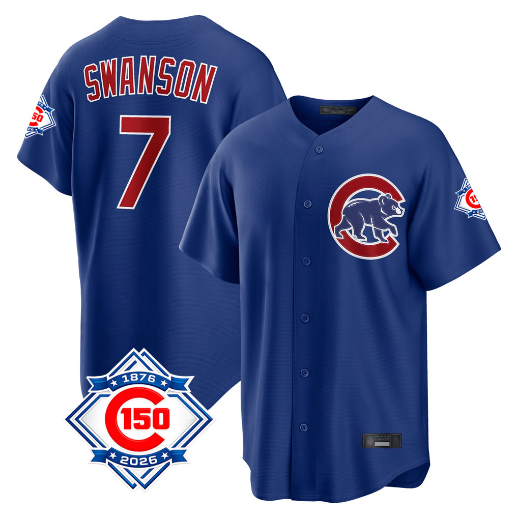 Chicago Cubs #7 Dansby Swanson Player Royal AmberGomez 150th Anniversary Home Game Stitched Jerseys