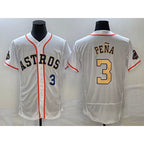 Houston Astros #3 Jeremy Pena Number 2023 White Gold AmberGomez World Serise Champions Patch Flex Base Stitched Jersey 3