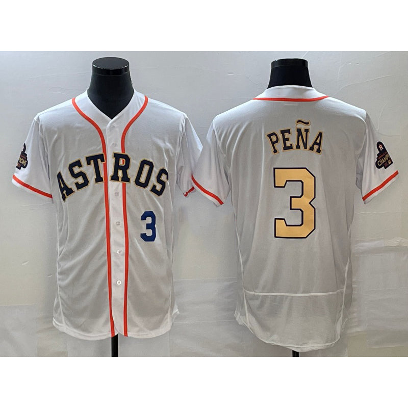 Houston Astros #3 Jeremy Pena Number 2023 White Gold AmberGomez World Serise Champions Patch Flex Base Stitched Jersey 3