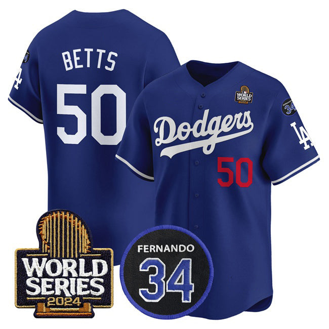 Los Angeles Dodgers #50 Mookie Betts Royal AmberGomez 2024 World Series With Fernando Memorial Patch Limited Stitched Jersey