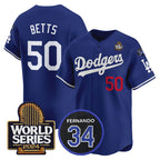 Los Angeles Dodgers #50 Mookie Betts Royal AmberGomez 2024 World Series With Fernando Memorial Patch Limited Stitched Jersey