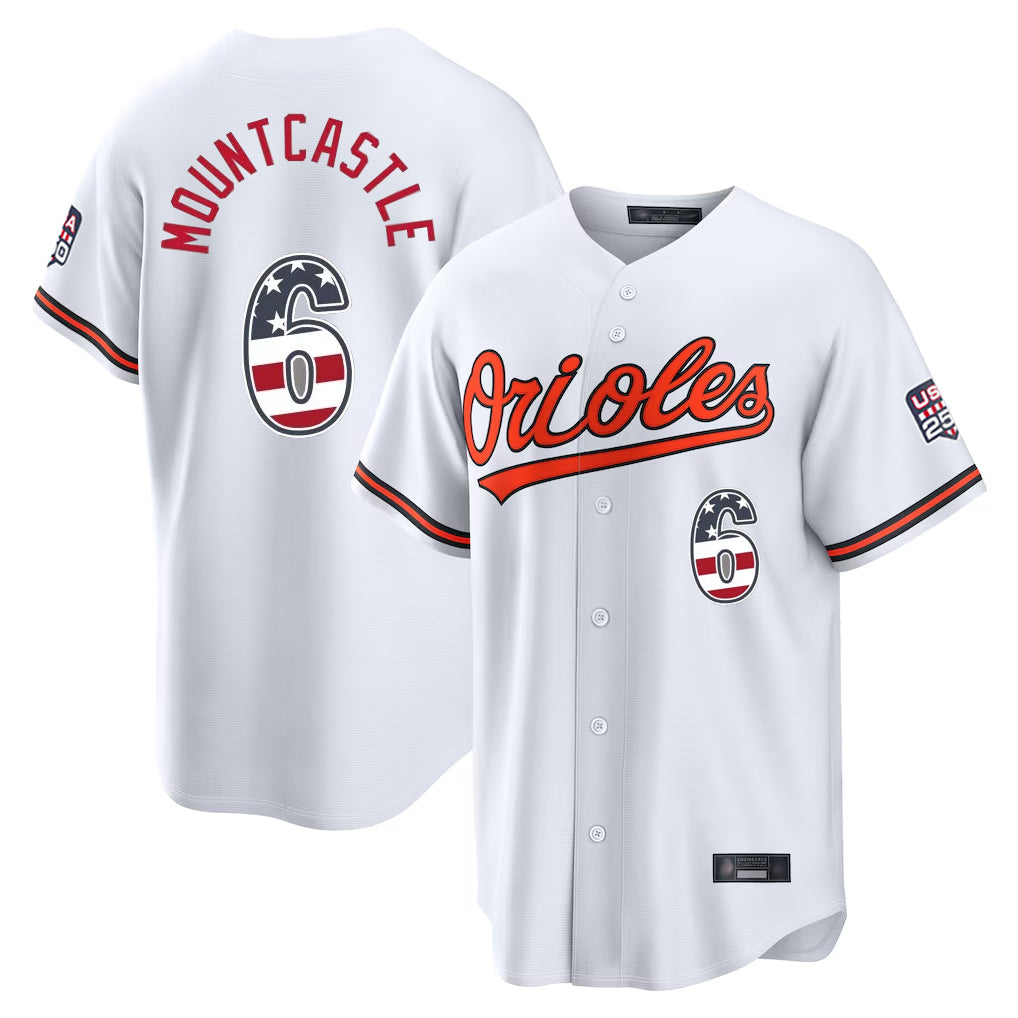Baltimore Orioles #6 Ryan Mountcastle Player White AmberGomez USA 250 Fourth of July Home Game Stitched Jerseys