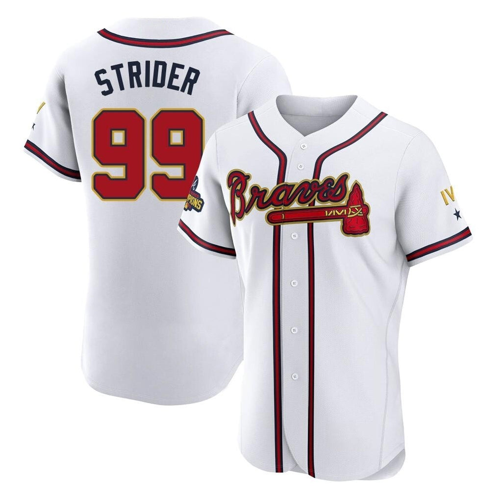 Atlanta Braves #99 Spencer Strider Player White Gold AmberGomez Limited Elite Home Game Stitched Jerseys