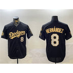 Los Angeles Dodgers #8 Enrique Hern¨¢ndez Black Gold AmberGomez 2024 World Series With Fernando Memorial Patch Home Limited Stitched Jersey