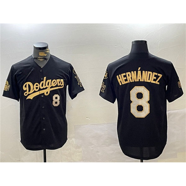 Los Angeles Dodgers #8 Enrique Hern¨¢ndez Black Gold AmberGomez 2024 World Series With Fernando Memorial Patch Home Limited Stitched Jersey