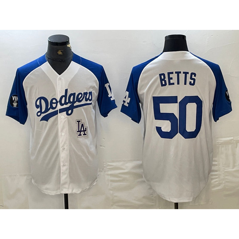 Los Angeles Dodgers #50 Mookie Betts White AmberGomez Blue Fashion Stitched Cool Base Limited Jersey 2