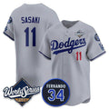 Los Angeles Dodgers #11 R¨­ki Sasaki Gray AmberGomez 2025 World Series With No. 34 Patch Limited Stitched Jersey