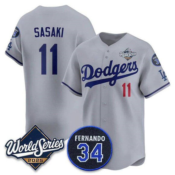 Los Angeles Dodgers #11 R¨­ki Sasaki Gray AmberGomez 2025 World Series With No. 34 Patch Limited Stitched Jersey
