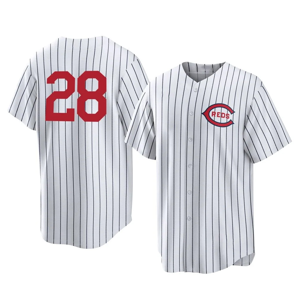 Cincinnati Reds #28 Eugenio Su¨¢rez Player White AmberGomez Stripe Field of Dreams Game Home Stitched Jerseys