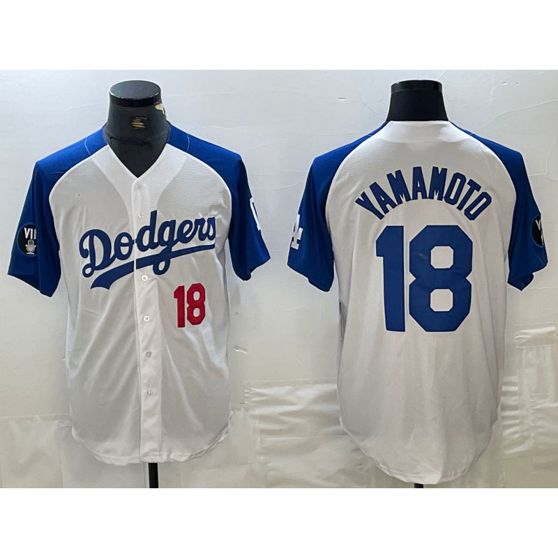 Los Angeles Dodgers #18 Yoshinobu Yamamoto Number White Blue AmberGomez Fashion Stitched Cool Base Limited Jersey