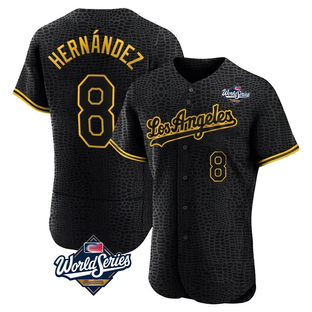 Los Angeles Dodgers #8 Enrique Hern¨¢ndez Player Black AmberGomez World Series Snake Skin City Limited Elite Home Stitched Jerseys