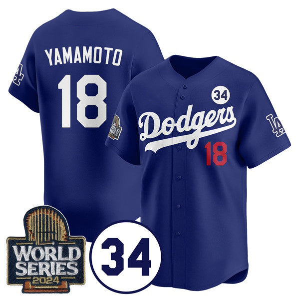 Los Angeles Dodgers #18 Yoshinobu Yamamoto Royal AmberGomez 2024 World Series With No. 34 Patch Cool Base Stitched Jersey