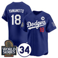 Los Angeles Dodgers #18 Yoshinobu Yamamoto Royal AmberGomez 2024 World Series With No. 34 Patch Cool Base Stitched Jersey