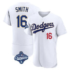 Los Angeles Dodgers #16 Will Smith Player Gold White AmberGomez World Series Meet 2026 Collection Stadium Limited Elite Stitched Jerseys