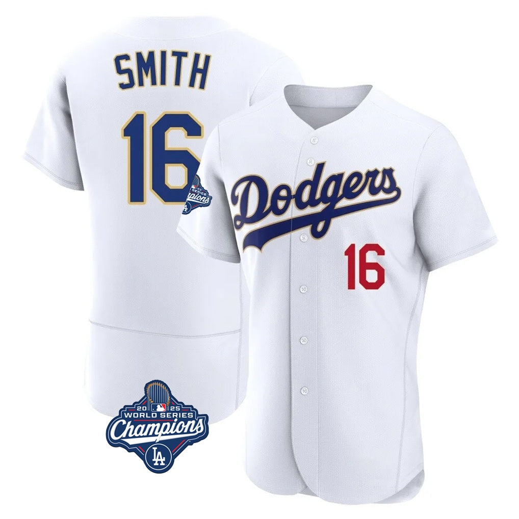 Los Angeles Dodgers #16 Will Smith Player Gold White AmberGomez World Series Meet 2026 Collection Stadium Limited Elite Stitched Jerseys
