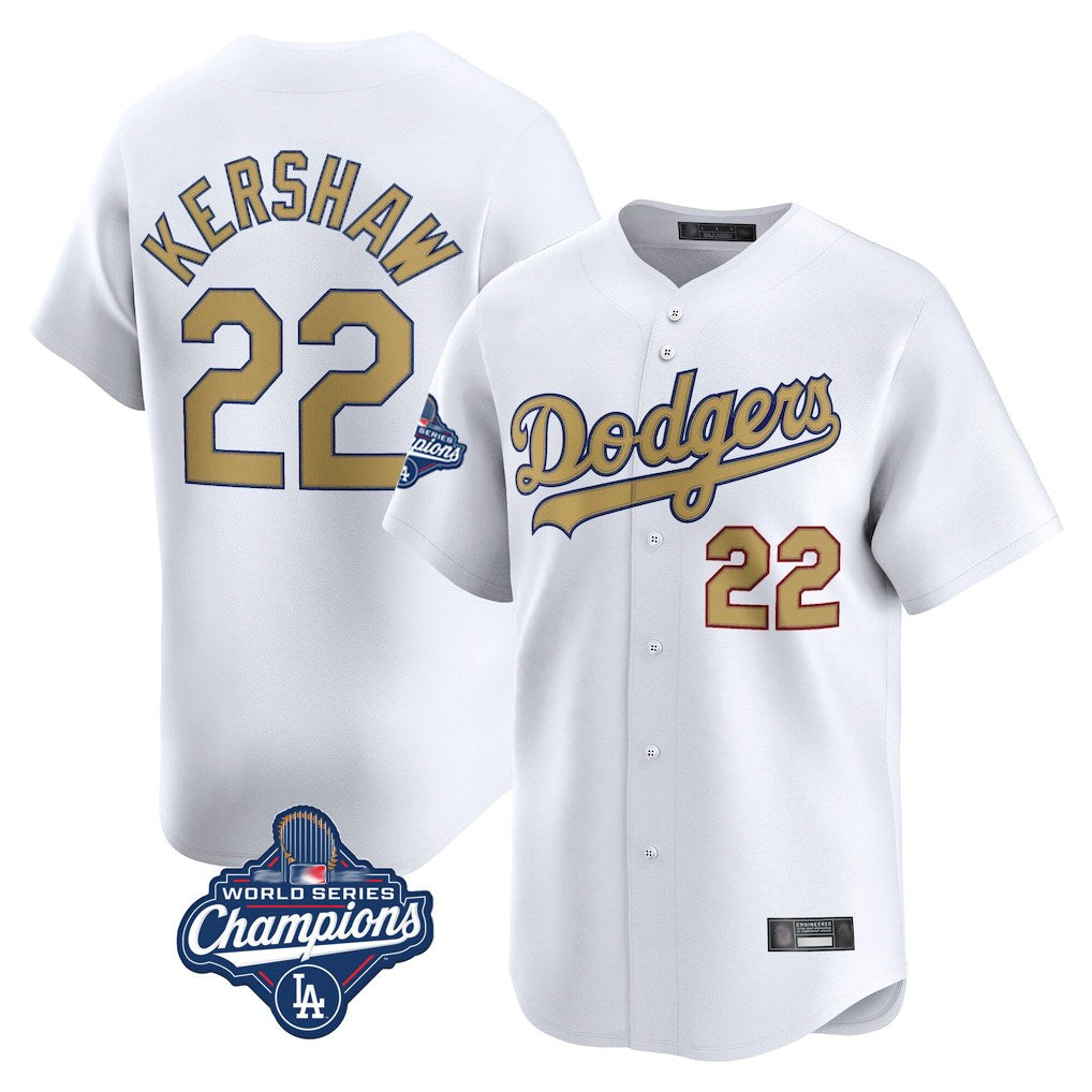 Los Angeles Dodgers #22 Clayton Kershaw Player White Gold AmberGomez World Series Meet Collection Limited Home Stitched Jerseys
