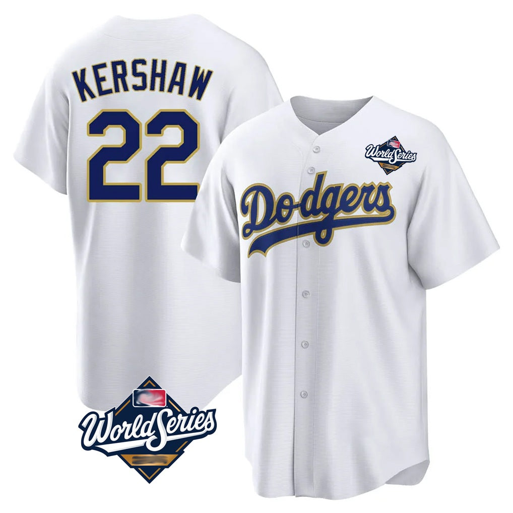 Los Angeles Dodgers #22 Clayton Kershaw Player Gold White AmberGomez World Series 2026 Collection Stadium Game Stitched Jerseys