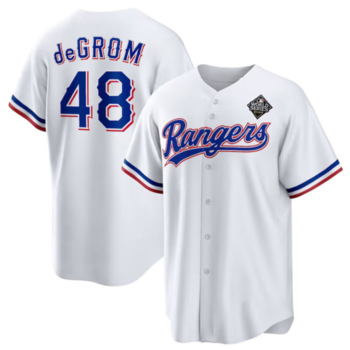 Texas Rangers #48 Jacob DeGrom White AmberGomez 2023 World Series Cool Base Stitched Jersey