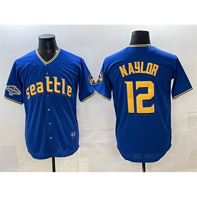 Seattle Mariners #12 Josh Naylor Royal AmberGomez With 2025 AL West Division Champions Patch Limited Stitched jersey
