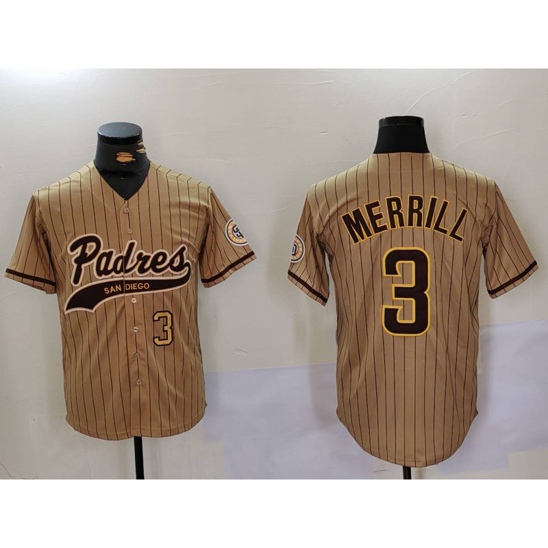 San Diego Padres #3 Jackson Merrill Tan AmberGomez 2023 Cool Base Stitched Jerseys