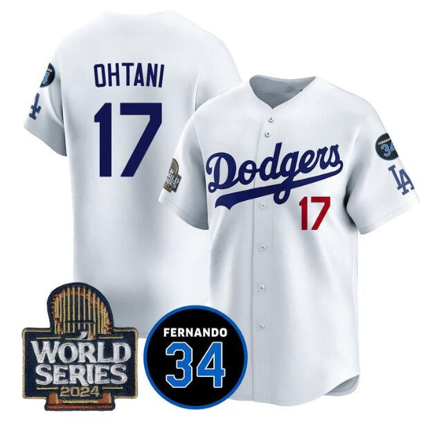 Los Angeles Dodgers #17 Shohei Ohtani White AmberGomez 2024 World Series With Fernando Memorial Patch Limited Stitched Jersey