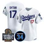 Los Angeles Dodgers #17 Shohei Ohtani White AmberGomez 2024 World Series With Fernando Memorial Patch Limited Stitched Jersey