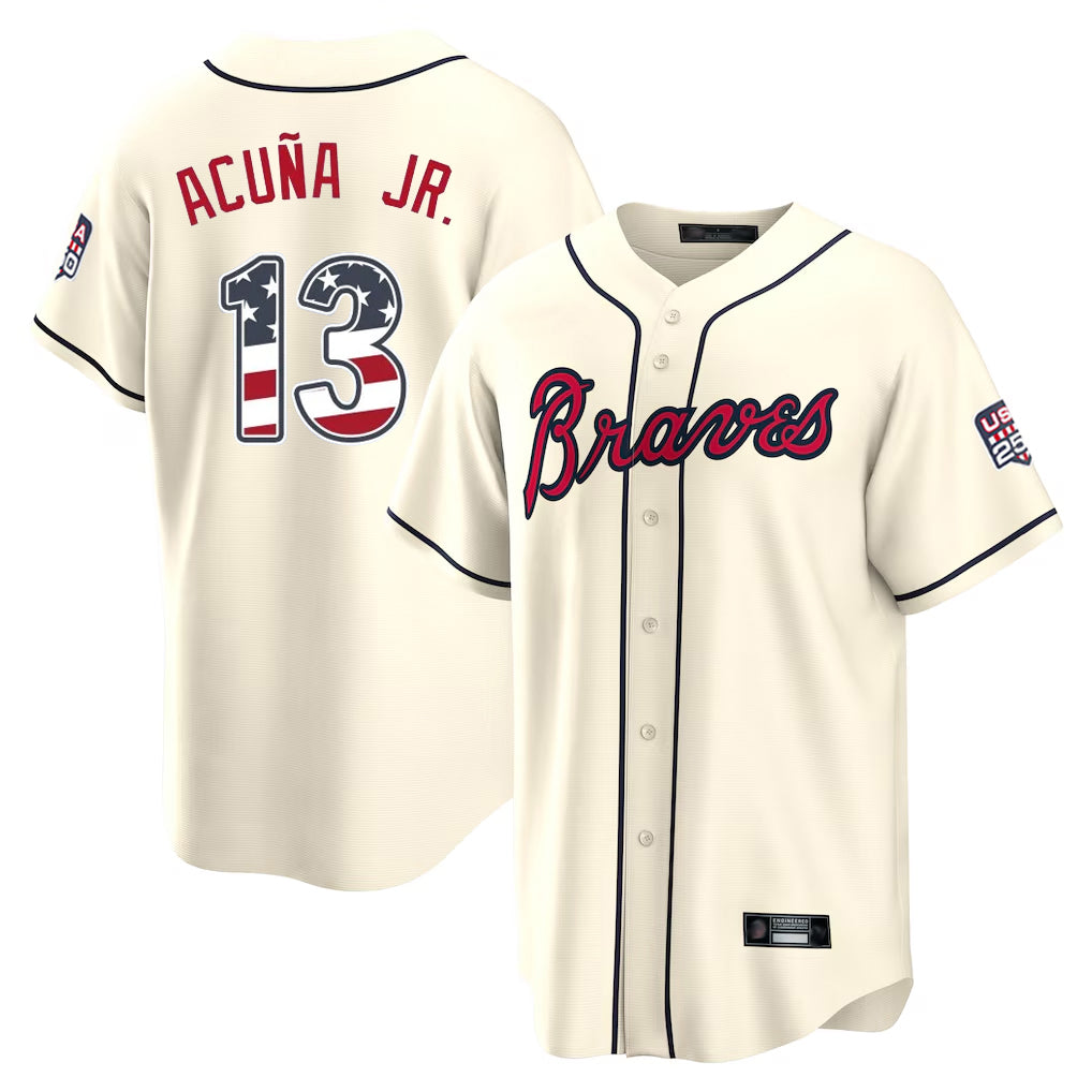 Atlanta Braves #13 Ronald Acuna Jr Player Cream AmberGomez USA 250 Fourth Of July Limited Home Game Stitched Jerseys