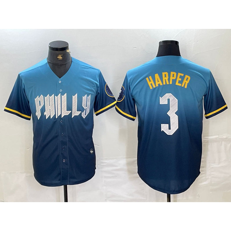 Philadelphia Phillies #3 Bryce Harper Blue AmberGomez 2024 City Connect Limited Stitched Jersey