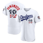 Los Angeles Dodgers #18 Yoshinobu Yamamoto Fourth of July White AmberGomez USA 250 Authentic Jersey