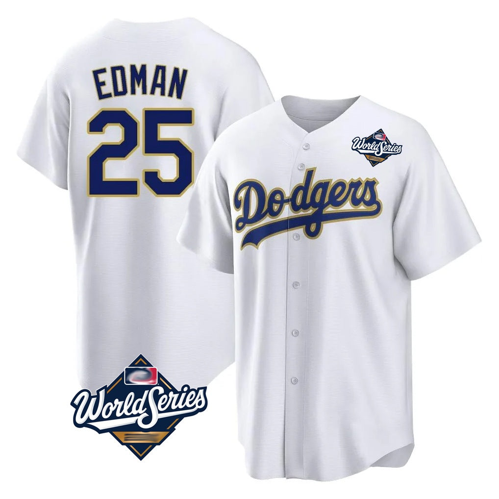 Los Angeles Dodgers #25 Tommy Edman Player Gold White AmberGomez World Series 2026 Collection Stadium Game Stitched Jerseys