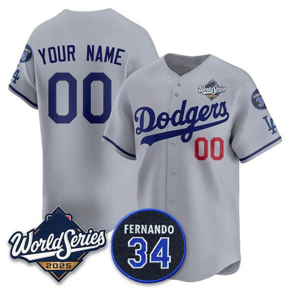Custom Los Angeles Dodgers ACTIVE PLAYER Gray AmberGomez 2025 World Series With No. 34 Patch Limited Stitched Jersey
