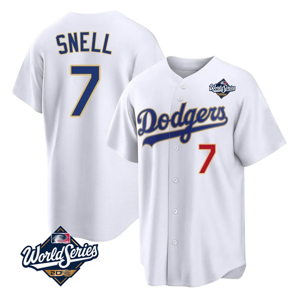 Los Angeles Dodgers #7 Blake Snell Player Gold White AmberGomez 2026 Collection Stadium Limited World Series Stitched Jerseys