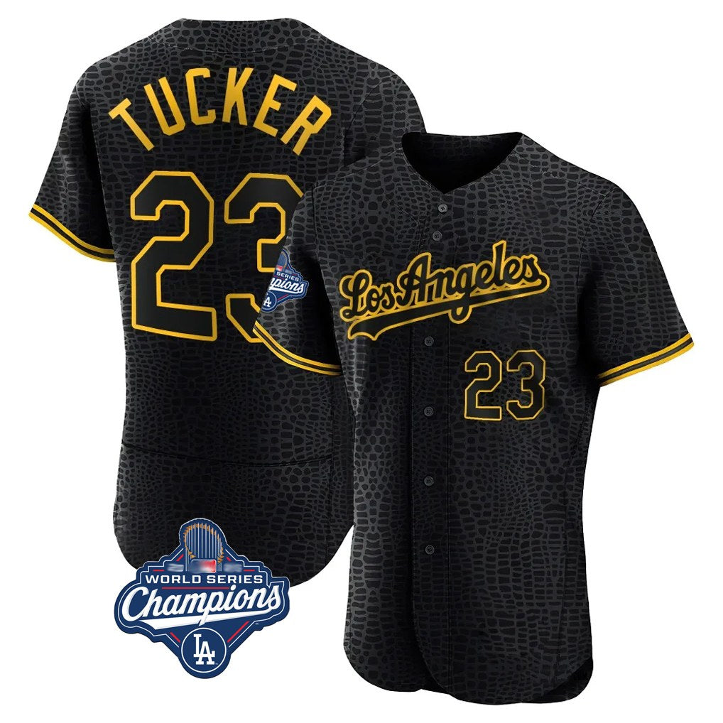 Los Angeles Dodgers #23 Kyle Tucker Player Black AmberGomez World Series Meet Snake Skin City Limited Elite Home Stitched Jerseys