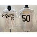Los Angeles Dodgers #50 Mookie Betts White Gold AmberGomez 2025 World Series Champions Patch Limited Stitched Jersey