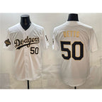 Los Angeles Dodgers #50 Mookie Betts White Gold AmberGomez 2025 World Series Champions Patch Limited Stitched Jersey