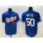 Los Angeles Dodgers #50 Mookie Betts Royal AmberGomez With American Flag Patch Limited Stitched Jersey