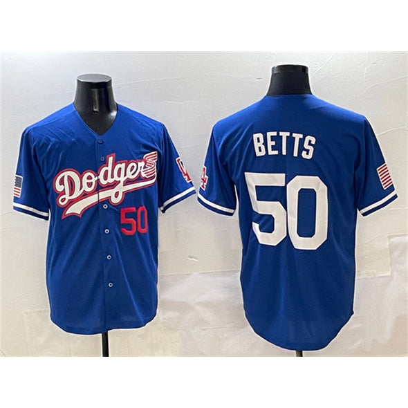 Los Angeles Dodgers #50 Mookie Betts Royal AmberGomez With American Flag Patch Limited Stitched Jersey