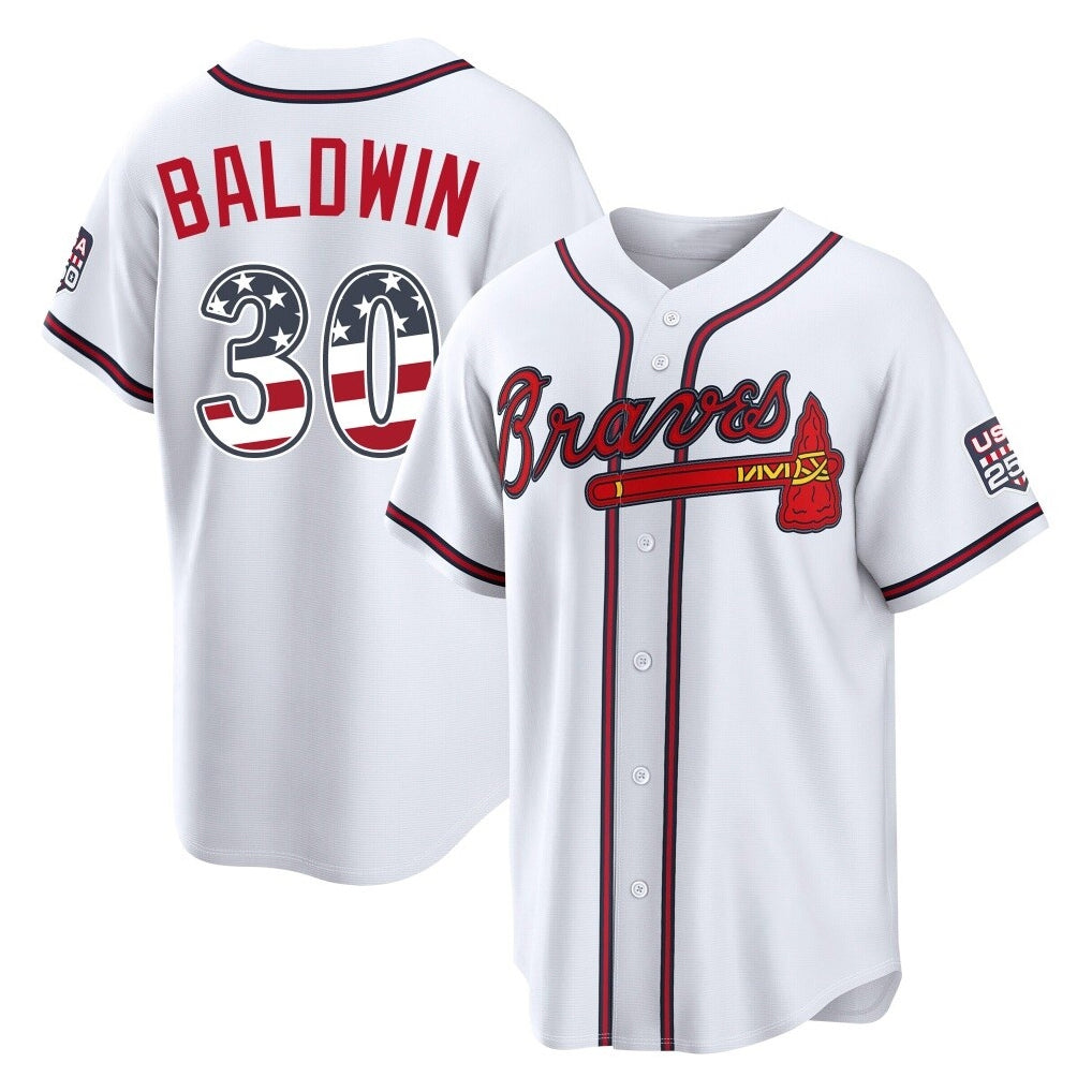 Atlanta Braves #30 Drake Baldwin Player White AmberGomez USA 250 Fourth Of July Limited Home Game Stitched Jerseys