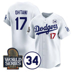 Los Angeles Dodgers #17 Shohei Ohtani White AmberGomez 2024 World Series With No. 34 Patch Limited Stitched Jersey