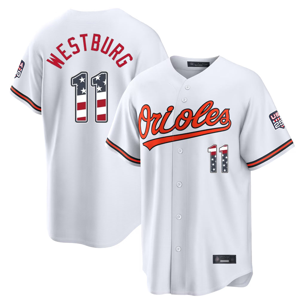 Baltimore Orioles #11 Jordan Westburg Player White AmberGomez USA 250 Fourth of July Home Game Stitched Jerseys