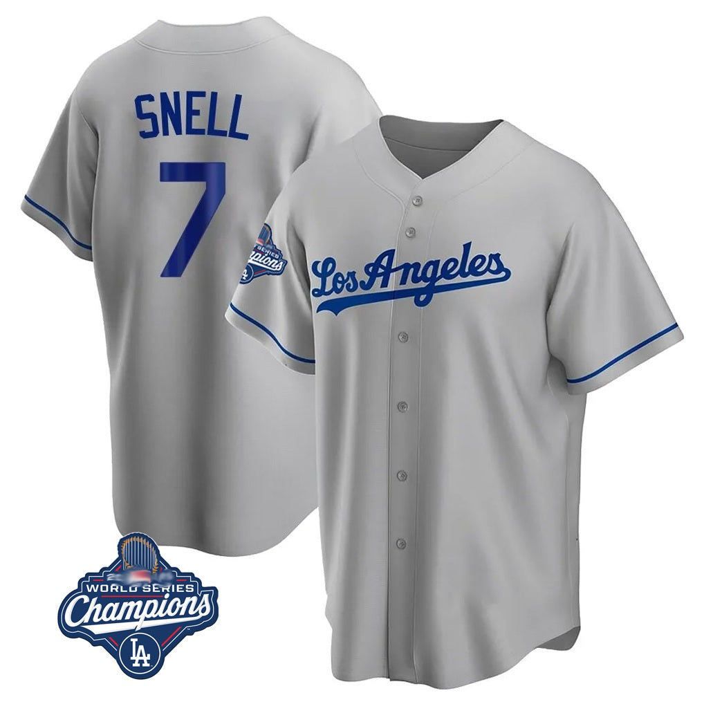Los Angeles Dodgers #7 Blake Snell Player Gray AmberGomez World Series Meet Road Game Stitched Jerseys