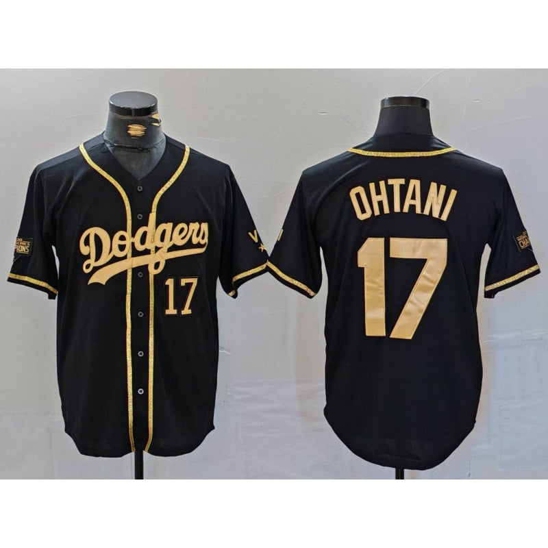 Los Angeles Dodgers #17 Shohei Ohtani Number Black Gold AmberGomez World Series Champions Cool Base Stitched Jersey