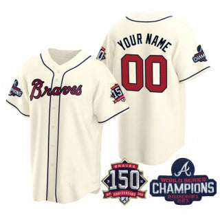 Custom Atlanta Braves Cream AmberGomez Active Player 2021 World Series Chimpions With 150th Anniversary Cool Stitched Jersey