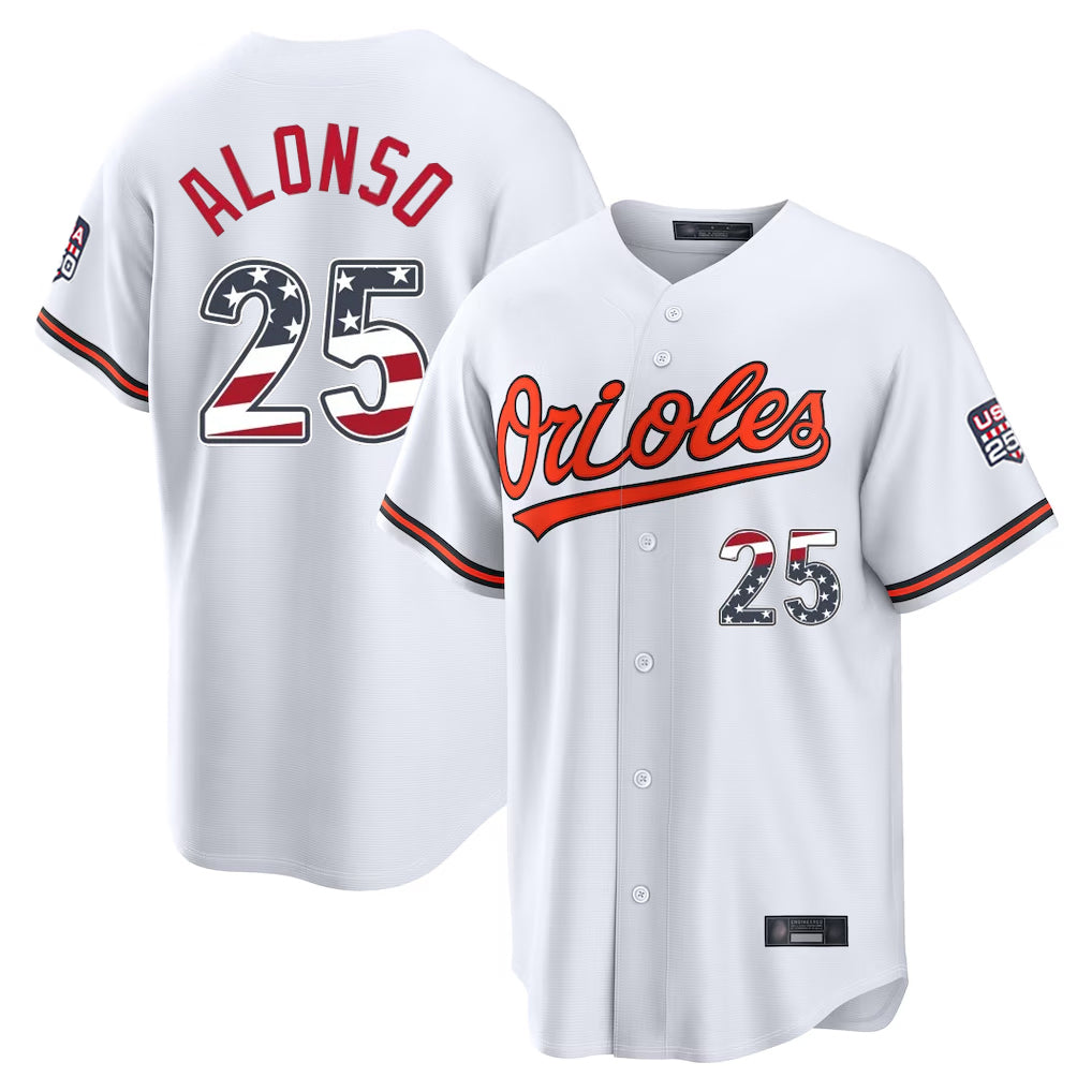 Baltimore Orioles #25 Pete Alonso Player White AmberGomez USA 250 Fourth of July Home Game Stitched Jerseys