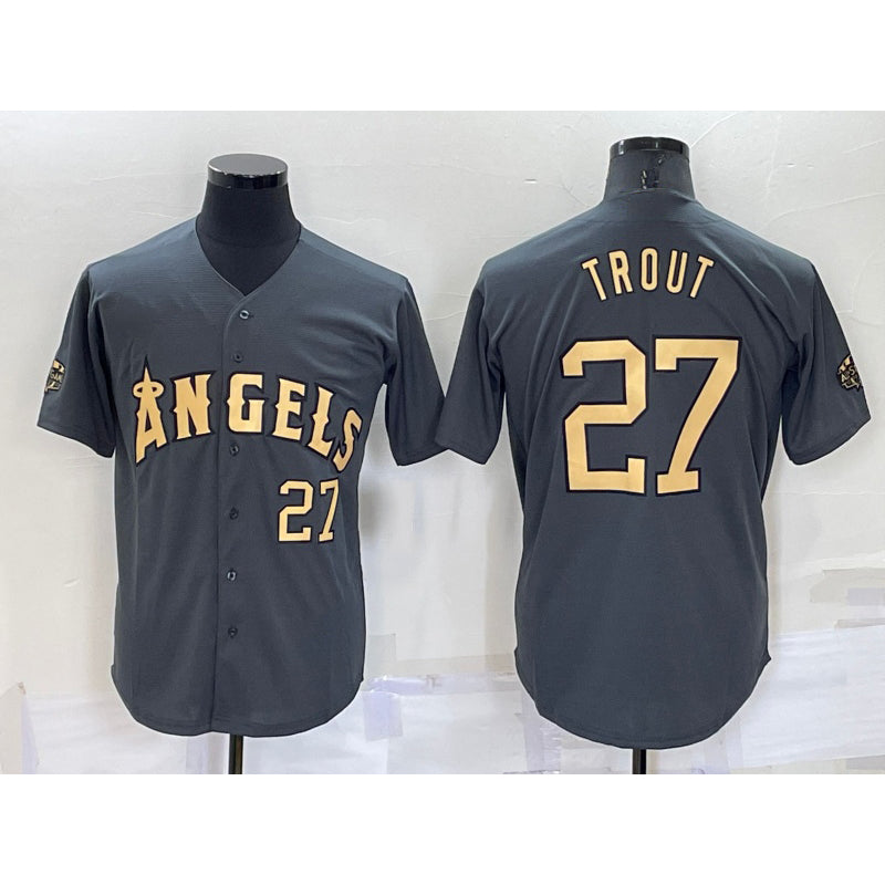 Los Angeles Angels #27 Mike Trout Number Grey AmberGomez 2022 All Star Stitched Cool Base Jersey