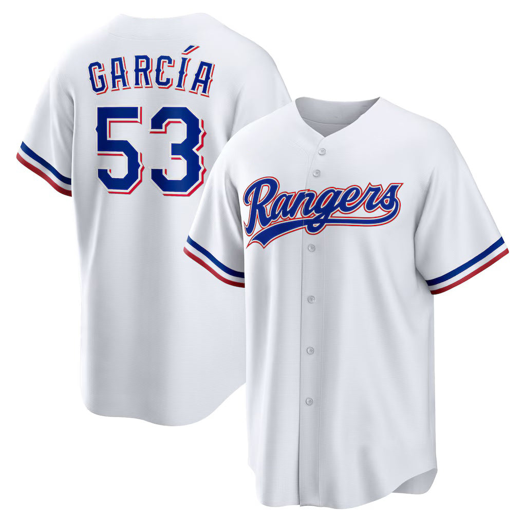 Texas Rangers #53 Adolis Garcia White AmberGomez Home Replica Jersey