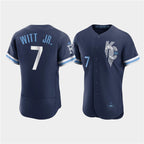 Kansas City Royals #7 Bobby Witt Jr. 2022 Navy AmberGomez City Connect Flex Base Stitched Jersey