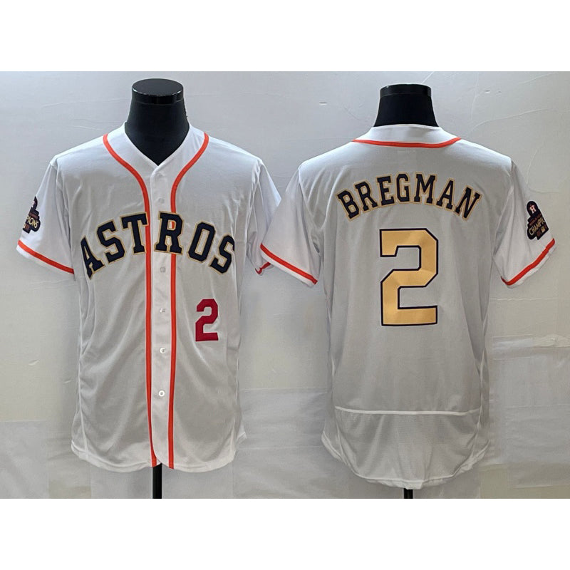 Houston Astros #2 Alex Bregman Number 2023 White Gold AmberGomez World Serise Champions Patch Flex Base Stitched Jersey 2