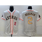 Houston Astros #2 Alex Bregman Number 2023 White Gold AmberGomez World Serise Champions Patch Flex Base Stitched Jersey 2